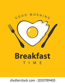 Vector banner or menu on the theme of Breakfast time with fried egg in the shape of a heart, a fork and a knife on a yellow background with space for text