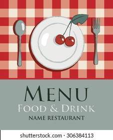vector banner menu with plate and cherry against the background of a checkered tablecloth