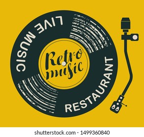 Vector banner or menu for retro music restaurant decorated with old vinyl record, record player and inscriptions on the yellow background in retro style