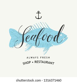 Vector banner or menu for seafood restaurant or shop with decorative fish, handwritten inscriptions and words Always fresh on the light background in retro style.