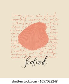 Vector banner or menu for a seafood restaurant or store. Hand-drawn illustration with a seashell and an inscription on the background of handwritten text lorem ipsum in retro style