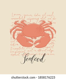 Vektorbanner oder Menü für ein Restaurant oder Geschäft mit Meeresfrüchten. Handgezeichnete Illustration mit großer orangefarbener Krabbe und Inschrift auf dem Hintergrund handgeschriebener Lorem ipsum im Retro-Stil