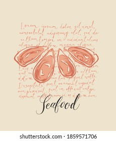 Vector banner or menu for a seafood restaurant or store. Hand-drawn illustration with an oysters and an inscription on the background of handwritten text lorem ipsum in retro style
