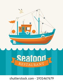 Vector banner or menu for a seafood restaurant decorated with a ship. Decorative vector illustration of a fishing boat or a trawler side view in a cartoon style in blue and orange colors