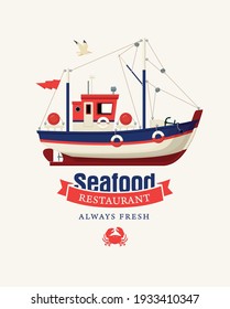 Vector banner or menu for a seafood restaurant with a ship. Decorative vector illustration of a colored fishing boat or a trawler side view in a cartoon style