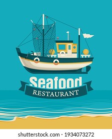 Vector banner or menu for a seafood restaurant with a ship against the background seascape with beach. Decorative vector illustration of a fishing boat or a trawler side view in a cartoon style