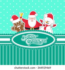 Vector banner Merry Christmas candy box with cute Santa Claus, snowman and gingerbread man