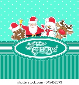 Vector banner Merry Christmas candy box with cute Santa Claus, snowman, deer and gingerbread man