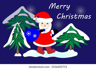 Vector banner with Merry Christmas greetings. Santa Claus is carrying a bag of gifts on the background of a Christmas tree. Merry Christmas greeting card. Happy New Year. Sticker. Winter fairy tale.
