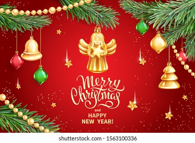 Vector banner for Merry Christmas and Happy New Year holidays. Christmas Angel holding star, realistic branches of fir tree, colored glass toys, sequins and gold garlands on red background