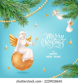 Vector banner for Merry Christmas and Happy New Year holidays. Realistic Christmas tree toys in a shape of Christmas angels, branches of fir tree, sequins and gold garlands on a light blue background