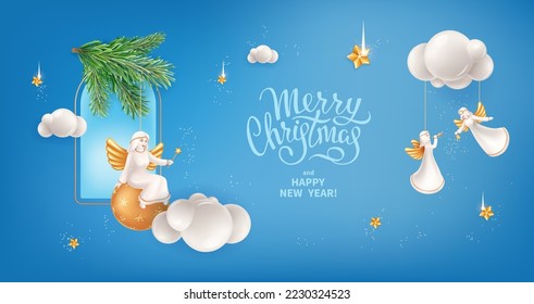 Vector banner for Merry Christmas and Happy New Year holidays. Realistic Christmas tree toys in a shape of Christmas angels, branches of fir tree, sequins and clouds on a sky blue background