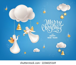 Vector banner for Merry Christmas and Happy New Year holidays. Realistic Christmas tree toys in a shape of Christmas angels, fir tree and stars, sequins and clouds on a sky blue background