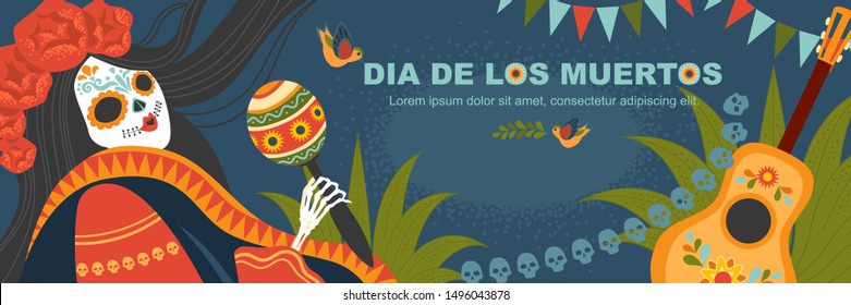 Cartel vectorial para el día mexicano de los muertos con un esqueleto femenino en un vestido tradicional con una guitarra y maracas. Ilustración en estilo de caricatura