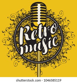 Vector Banner with microphone and calligraphic inscription Retro music on the abstract artistic background with curls