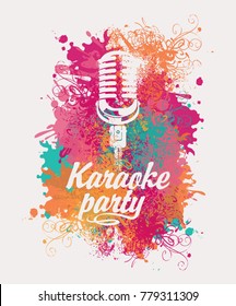 Vector banner with microphone and inscription karaoke party on the art background with colored spots, splashes and curls in grunge style