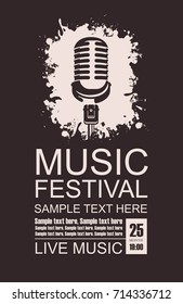 Vector banner with a microphone, the words festival of live music and place for text on a black background in grunge style