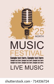 Vector banner with a microphone, the words festival of live music and place for text on a grunge background in retro style