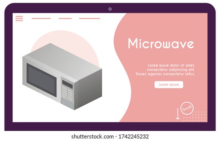 Vector banner of microwave in isometric view. Equipment for cooking food in kitchen at home or restaurant. Illustration of appliance for modern design interior. Banner template design, landing page