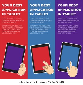 Vector banner with mobile devices. Vertical banner with touch screen. Banner with mobile tablet. Vector hand touching mobile tablet. Bubble banner. Notification of mobile app. Presentation for store