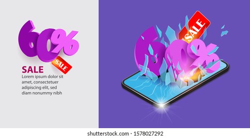 Vector banner. Mobile phone screen is broken into 60% big letters. Violet background