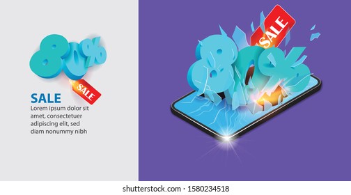 Vector banner. Mobile phone screen is broken into 80% big letters. Violet background