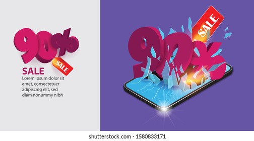 Vector banner. Mobile phone screen is broken into 90% big letters. Violet background