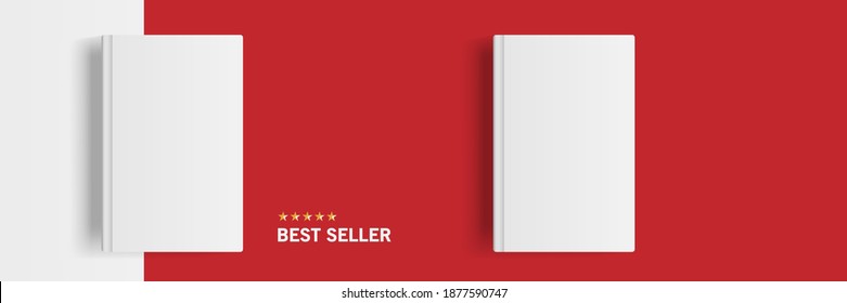 Vector Banner Mockup Of Blank Book Cover On Red And White Background With Best Seller Text And Five Pointed Stars. Empty Space For Title, Reviews Or Price. Editable Realistic Illustration EPS10