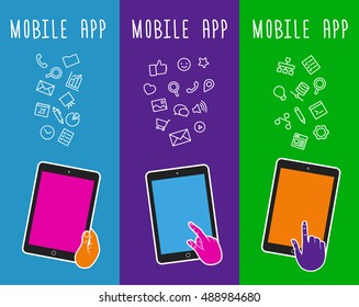 Vector banner with mockup of tablet. Vertical banner with touch hand. Banner with mobile mockup. Vector mockup with hand touching mobile tablet. Mockup of mobile app. Presentation mockup for store