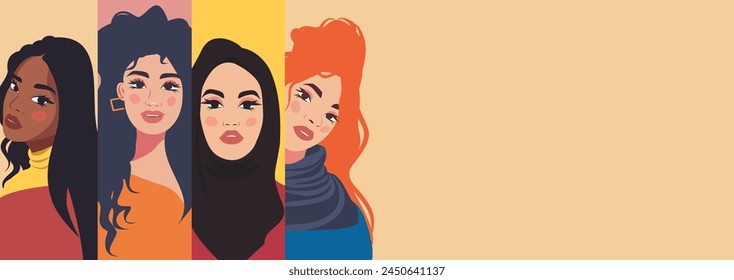 Vector banner modern beige background illustration of women's rights movement. Different ethnic group of women of different skin color. Young women, independence. Gender equality movement 