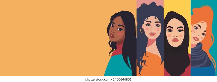 Vector banner modern illustration of women's rights movement. Feminism. Different ethnic group of women of different skin color. Young women, independence. Gender equality movement vector concept