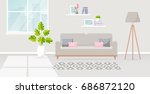 Vector banner with modern interior of the living room. Design of a cozy room with sofa, floor lamp, window, carpet and decor accessories. Vector illustration.