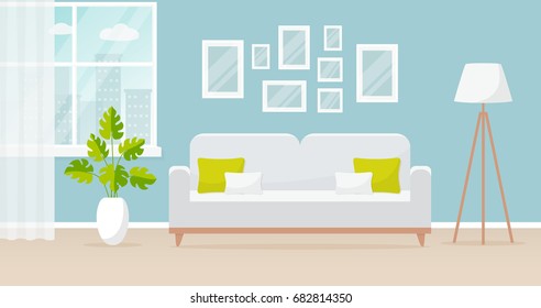 Vector banner with modern interior of the living room. Design of a cozy room with sofa, floor lamp, window and decor accessories. 