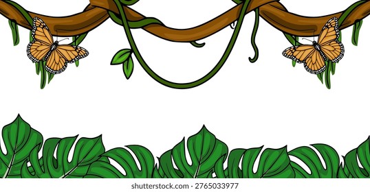 Vector banner with monarch butterflies on jungle vines and monstera leaves