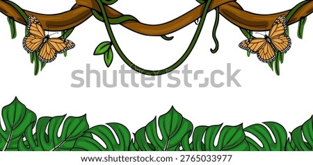 Vector banner with monarch butterflies on jungle vines and monstera leaves
