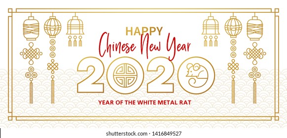 Vector banner, money envelope with a illustration of the rat zodiac sign, symbol of 2020 on the Chinese calendar. White Metal Rat, chine lucky in New Year. Element for Chinese New Year's design.