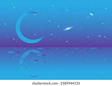 Vector banner with moon and ocean on violet background with stars  in the universe.   harmony of soul and body. Surrealistic  landscape