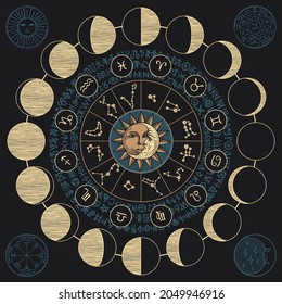 Vector banner with the Moon, the Sun, zodiac constellations, moon phases and esoteric signs written in a circle on a black background. Hand-drawn illustration on the astrological theme in retro style