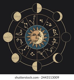 Vector banner with the Moon, the Sun, zodiac constellations and moon phases in a circle on a black background. Hand-drawn illustration on the astrological theme in retro style