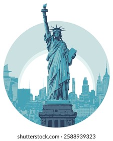 vector banner with morning cityscape New York city with american statue of liberty on background of sun in circle