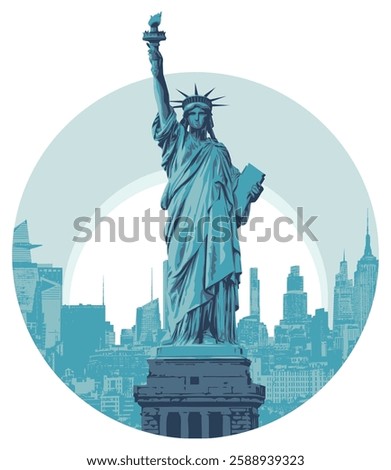 vector banner with morning cityscape New York city with american statue of liberty on background of sun in circle