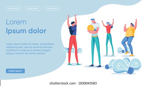 Vector Banner most Effective Ways to Carry Ideas. Man in Casual Clothes Stands and Holds in his Hands Large Luminous Bulb. Young People Wave their Hands Enthusiastically and Rejoice.