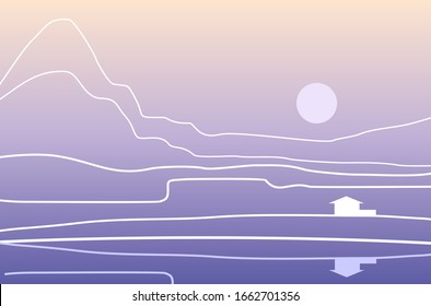 Vector banner with mountains, lake and house landscape. Outline illustration on a gradient background