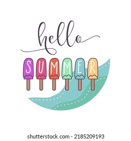 Vector banner with multicolored ice cream bars with Hello Summer lettering