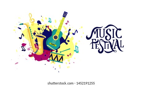 Vector banner for music festival. Hand lettering. Jazz concert invitation, greeting card, party  layout template. Performance advertising brochure. Saxophone, guitar, drum flat style illustration. 