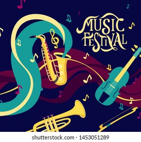 Vector banner for music festival. Hand lettering. Jazz concert invitation, greeting card, party  layout template. Performance advertising brochure. Saxophone, violin, trumpet flat style. 