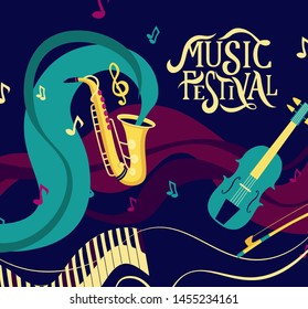 Vector banner for music festival. Hand lettering. Jazz concert invitation, greeting card, party  layout template. Performance advertising brochure. Saxophone, violin flat style. 
