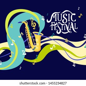 Vector banner for music festival. Hand lettering. Jazz concert invitation, greeting card, party  layout template. Performance advertising brochure. Saxophone flat style. 