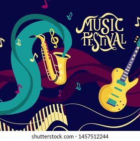 Vector banner for music festival. Hand lettering. Jazz concert invitation, greeting card, party  layout template. Performance advertising brochure. Saxophone, guitar flat style. 