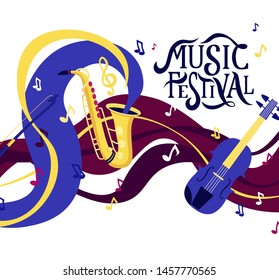 Vector banner for music festival. Hand lettering. Jazz concert invitation, greeting card, party  layout template. Performance advertising brochure. Saxophone, violin, trumpet flat style. 